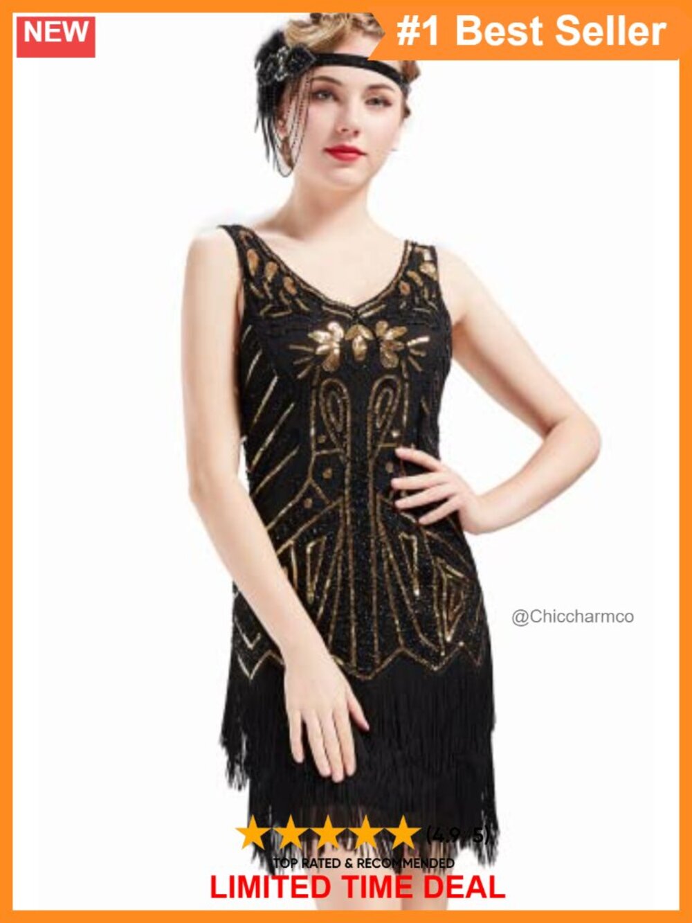 1920s V Neck Beaded Fringe Sequin Flapper Dress Gatsby Cocktail Midi